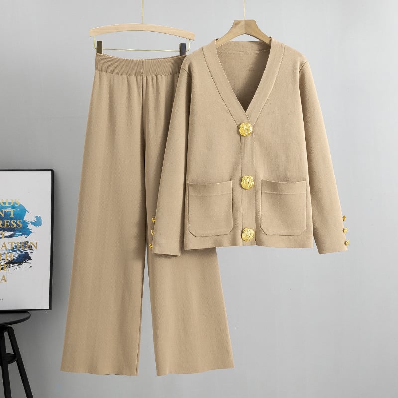 🔥Hot sale🔥- metal button wool sweater wide-leg pants suits