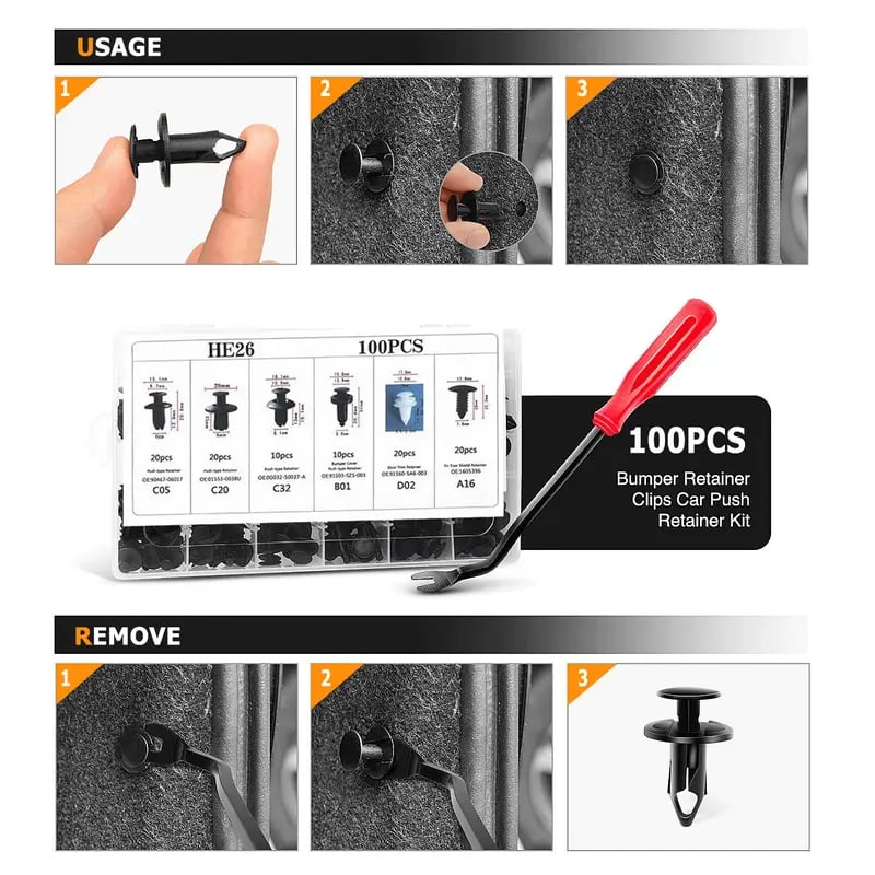 š„Hot saleš„-š§100 PCS Car Clip Retainer Auto Fasteners Push Trim Bumper Plastic Rivets Clips Kit