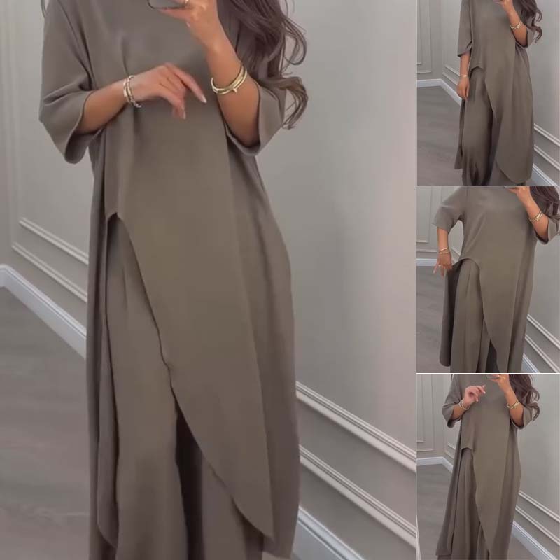 🔥Hot sale🔥- Solid Color Irregular Top & Wide-Leg Pants 2-PCS Set