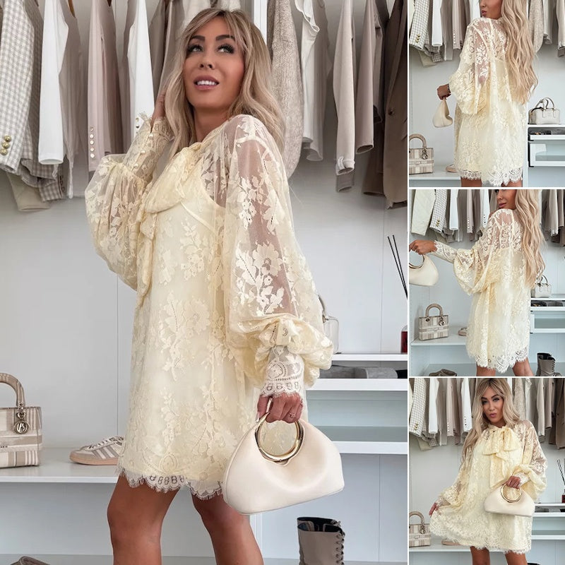 🔥Hot sale🔥- Lace Mini Dress with Bow Tie Neck👗
