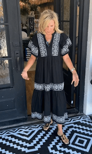 🔥Hot sale🔥- Geometric print patchwork V-neck A-line short-sleeved dress