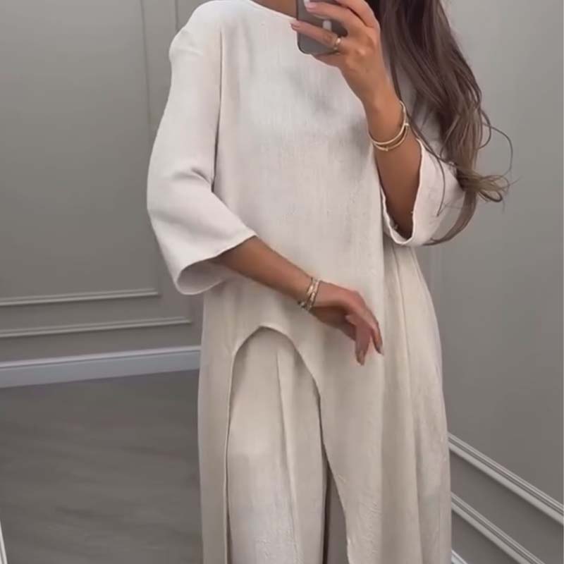 🔥Hot sale🔥- Solid Color Irregular Top & Wide-Leg Pants 2-PCS Set
