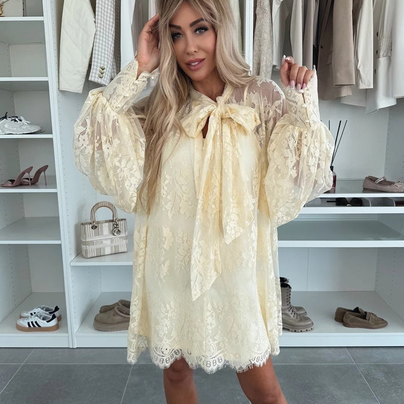 🔥Hot sale🔥- Lace Mini Dress with Bow Tie Neck👗