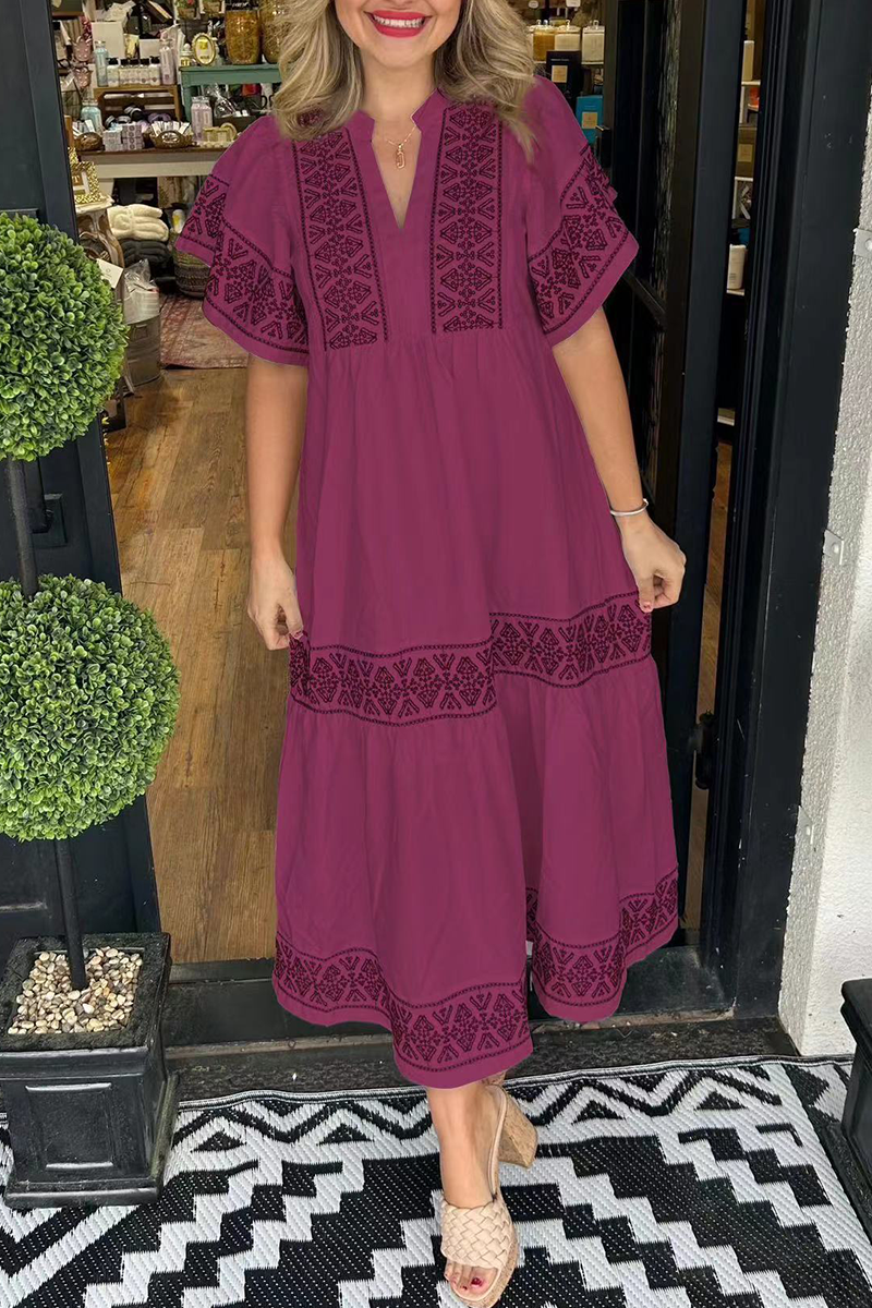 🔥Hot sale🔥- Geometric print patchwork V-neck A-line short-sleeved dress
