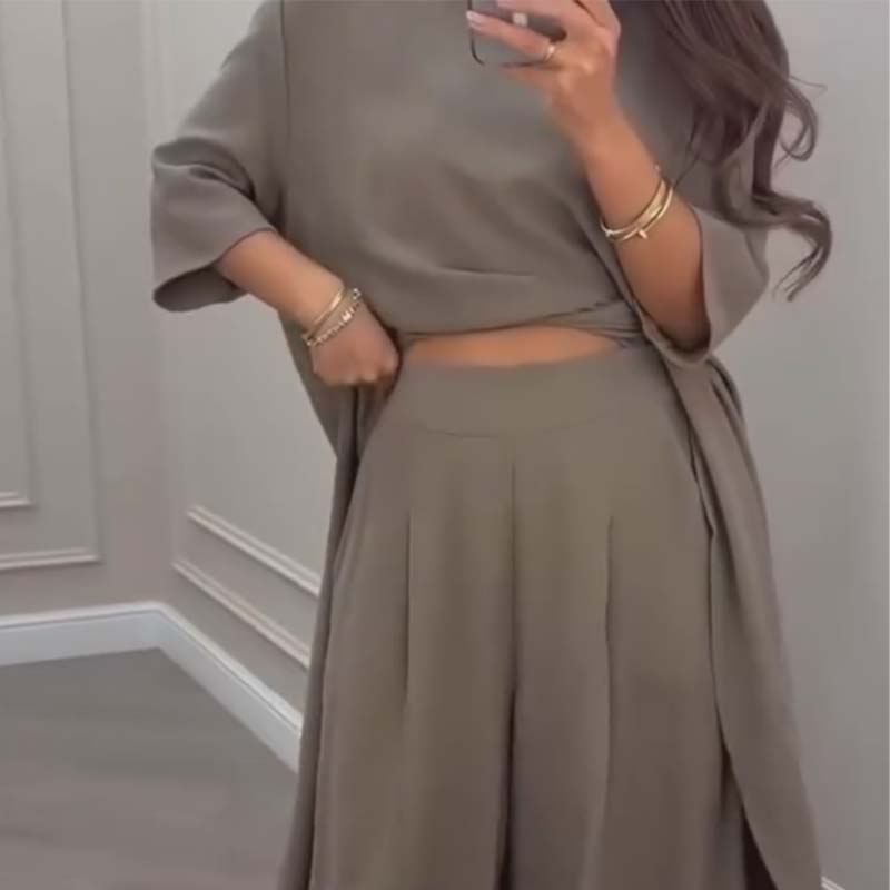 🔥Hot sale🔥- Solid Color Irregular Top & Wide-Leg Pants 2-PCS Set