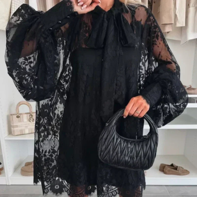 🔥Hot sale🔥- Lace Mini Dress with Bow Tie Neck👗
