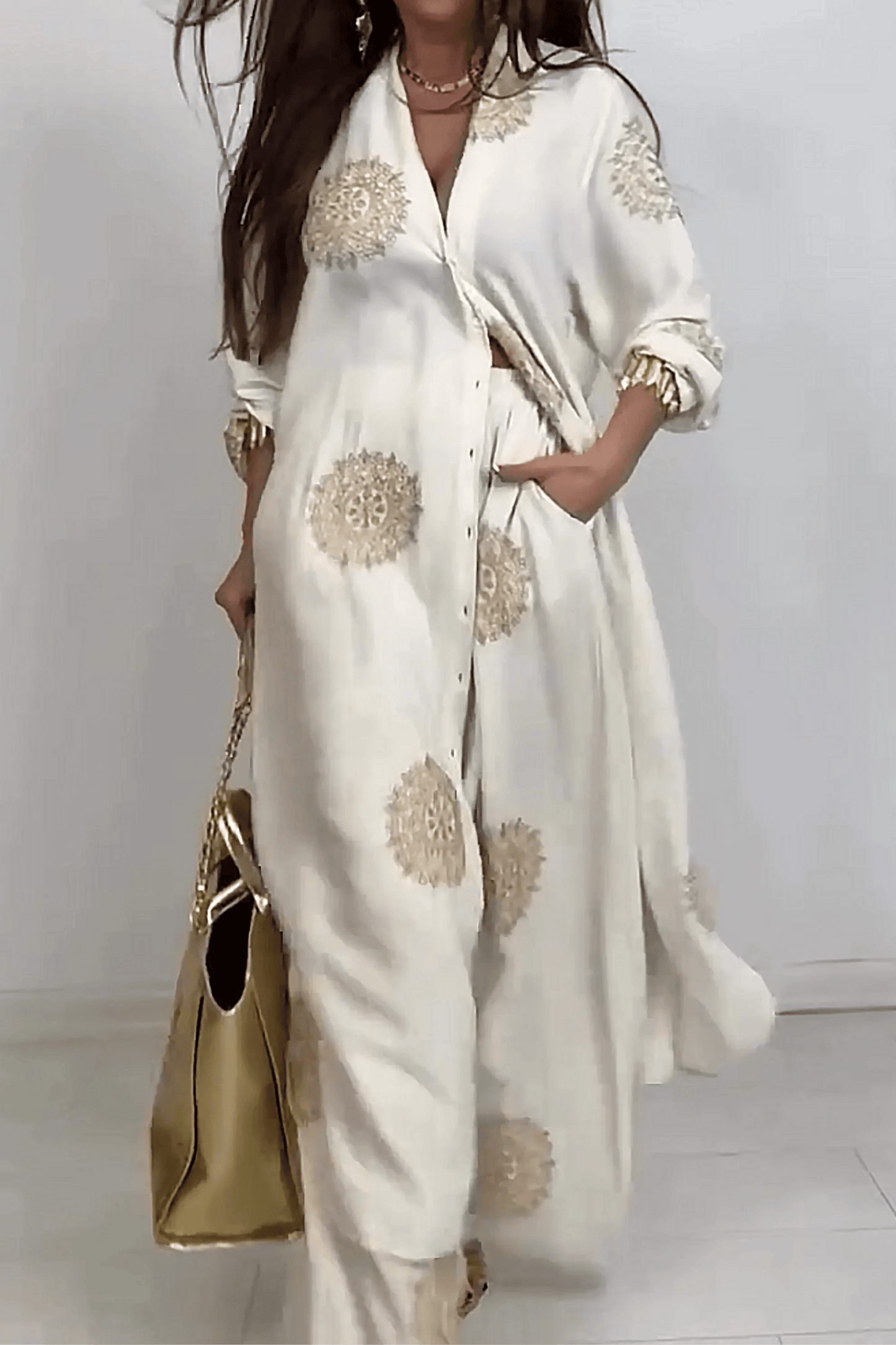 š„Hot saleš„- V-neck Long Coat & Printed Wide-leg Pants Two-piece Set | Almost Goneā”