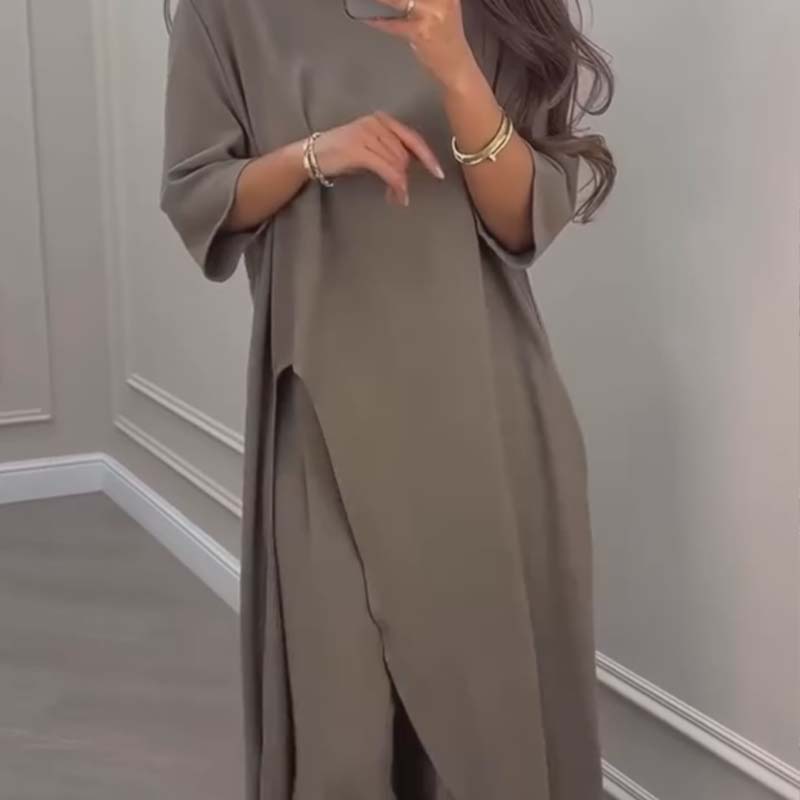 🔥Hot sale🔥- Solid Color Irregular Top & Wide-Leg Pants 2-PCS Set