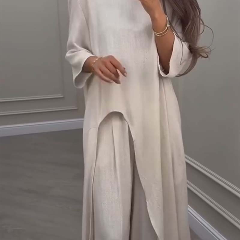 🔥Hot sale🔥- Solid Color Irregular Top & Wide-Leg Pants 2-PCS Set