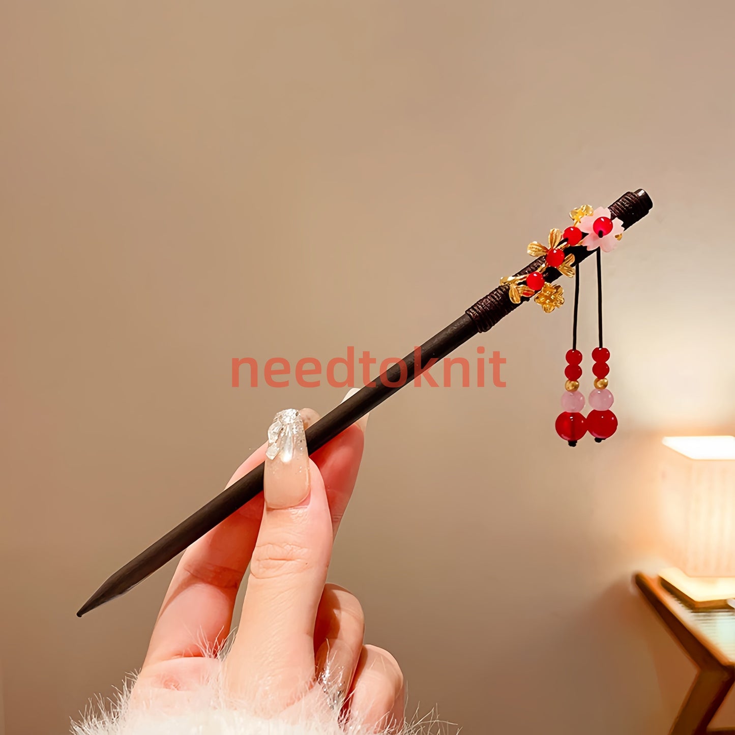 Antique tassel hairpin retro hairpin hair accessories(Red flower black bead hairpin)
