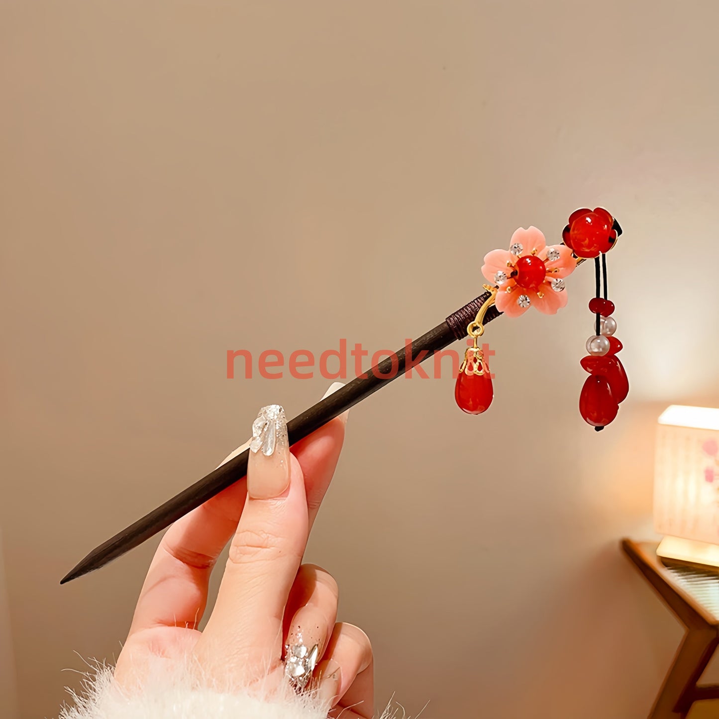 Antique tassel hairpin retro hairpin hair accessories(Pink flower red pendant hairpin)