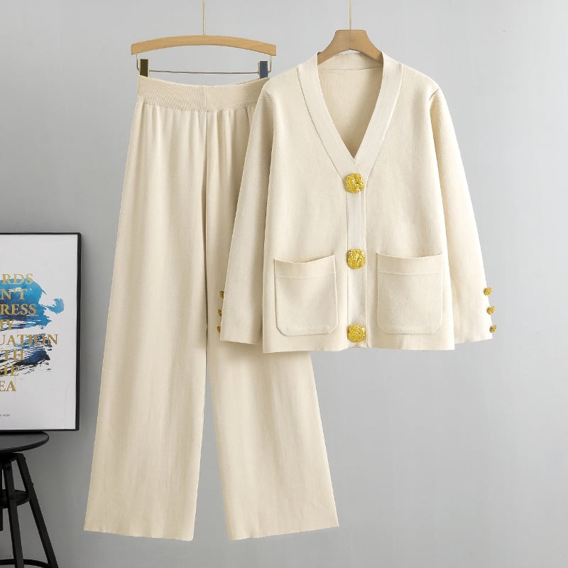 🔥Hot sale🔥- metal button wool sweater wide-leg pants suits