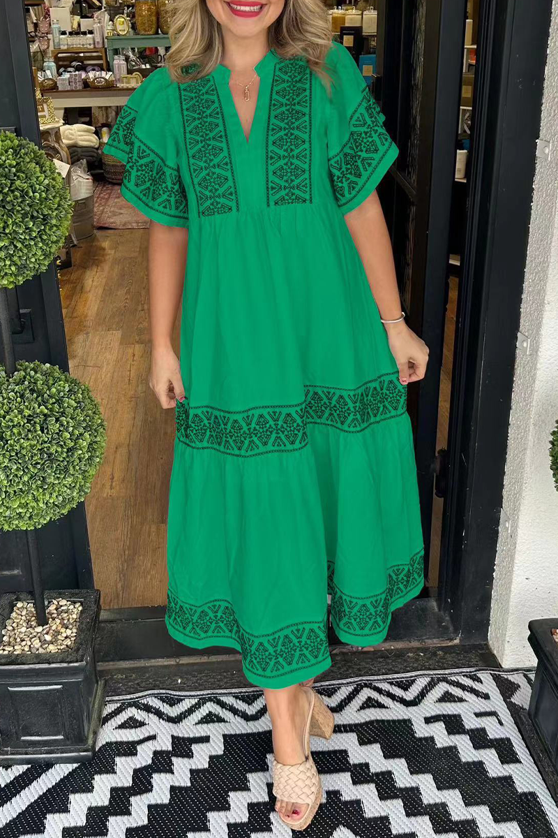 🔥Hot sale🔥- Geometric print patchwork V-neck A-line short-sleeved dress