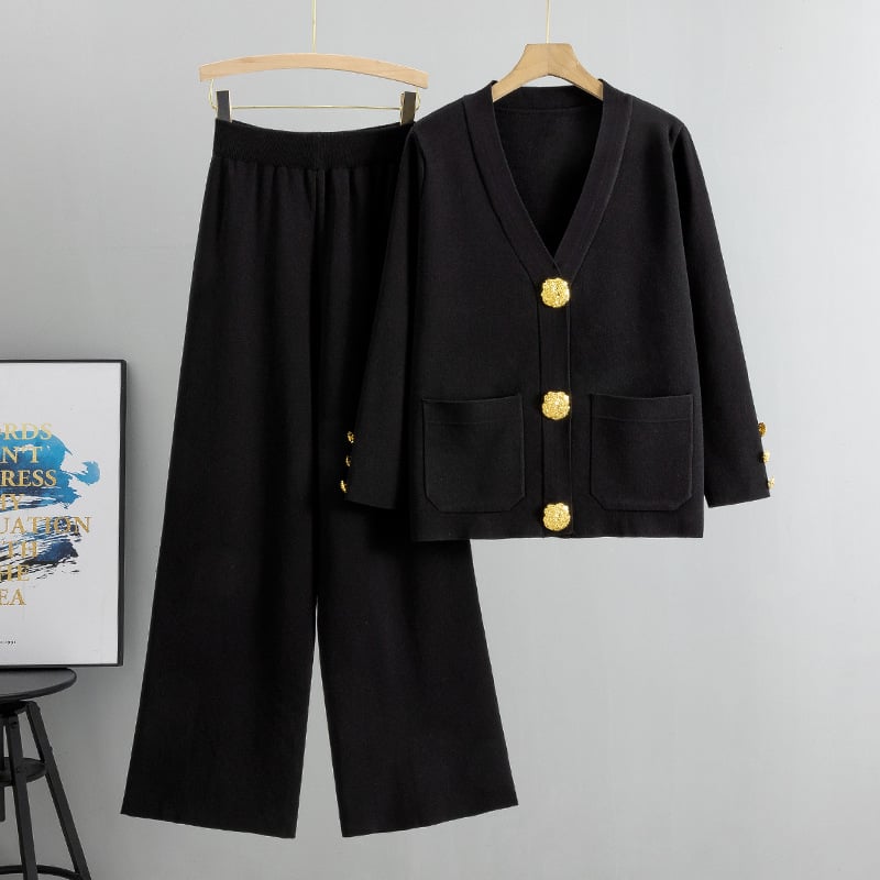 🔥Hot sale🔥- metal button wool sweater wide-leg pants suits