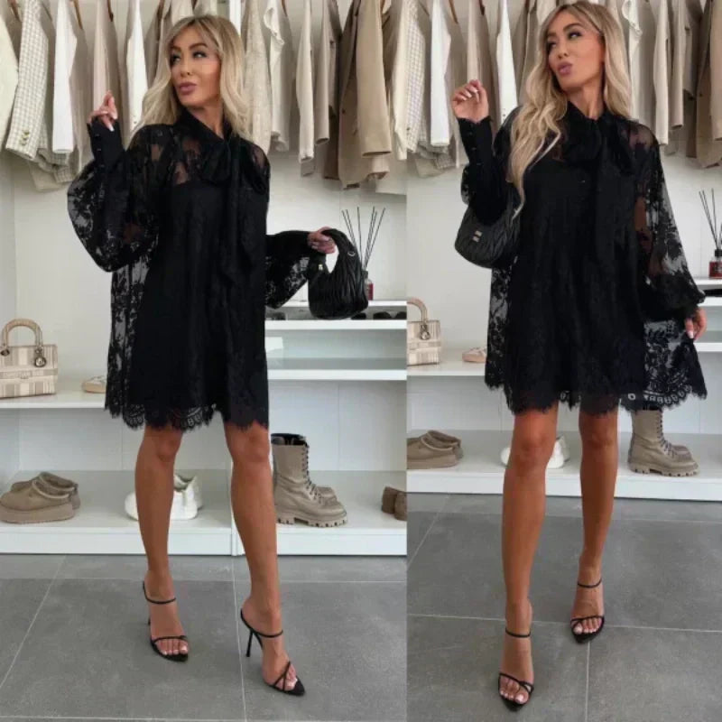 🔥Hot sale🔥- Lace Mini Dress with Bow Tie Neck👗