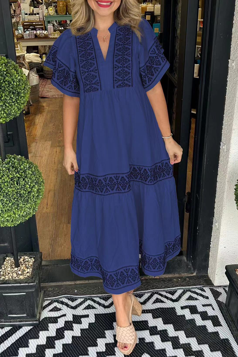 🔥Hot sale🔥- Geometric print patchwork V-neck A-line short-sleeved dress