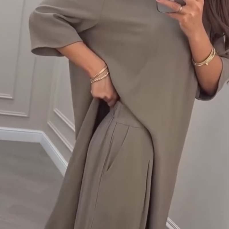 🔥Hot sale🔥- Solid Color Irregular Top & Wide-Leg Pants 2-PCS Set