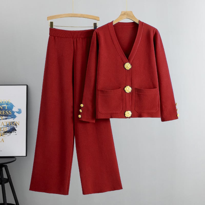 🔥Hot sale🔥- metal button wool sweater wide-leg pants suits