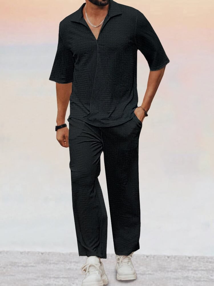 🔥Hot sale🔥- Casual Water Ripple Textured Shirt Set