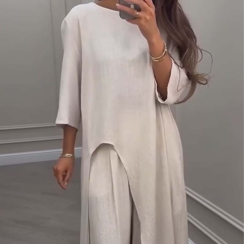 🔥Hot sale🔥- Solid Color Irregular Top & Wide-Leg Pants 2-PCS Set