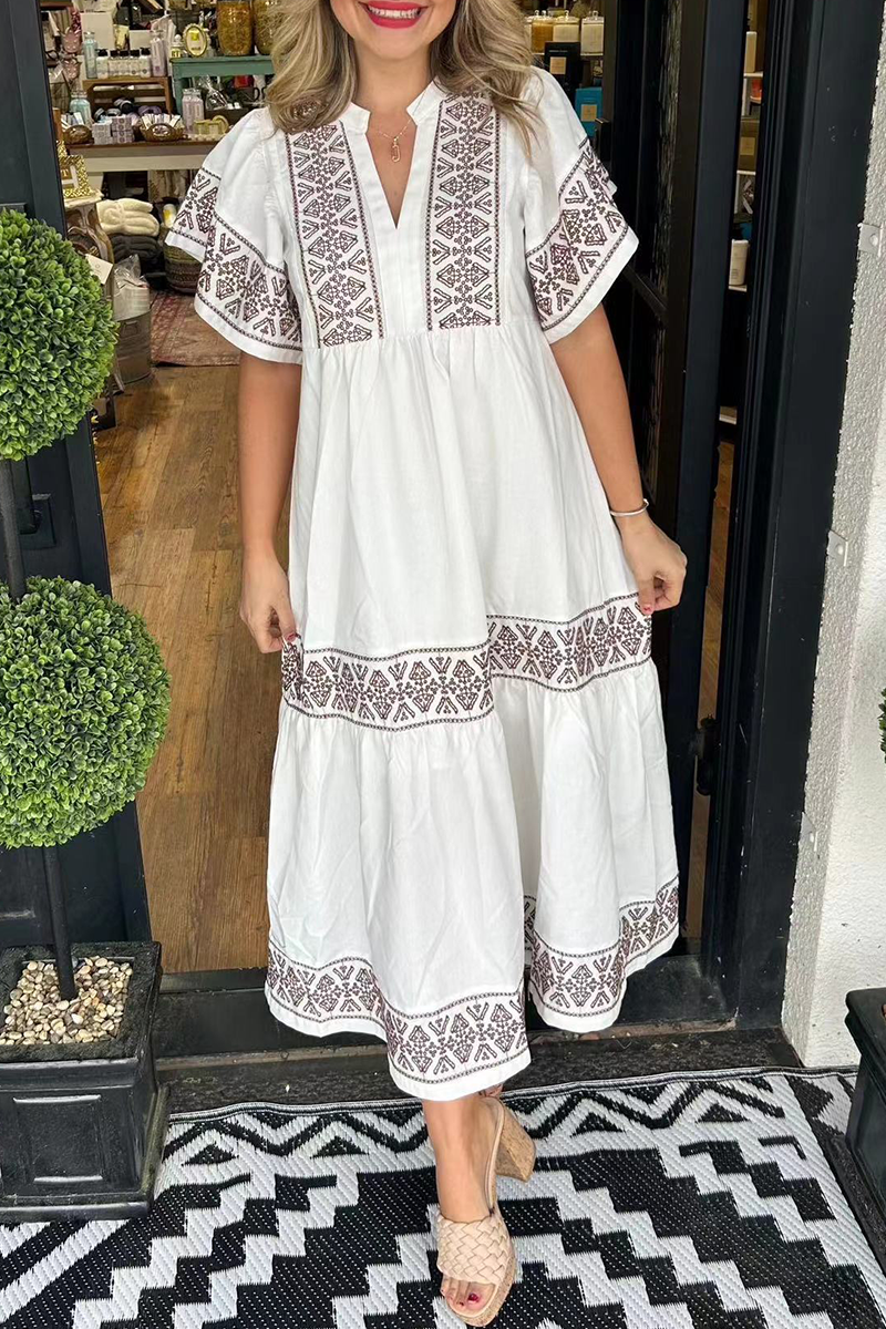 🔥Hot sale🔥- Geometric print patchwork V-neck A-line short-sleeved dress