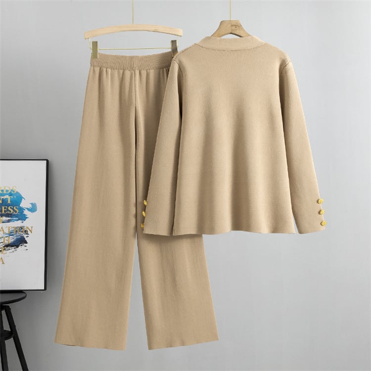 🔥Hot sale🔥- metal button wool sweater wide-leg pants suits
