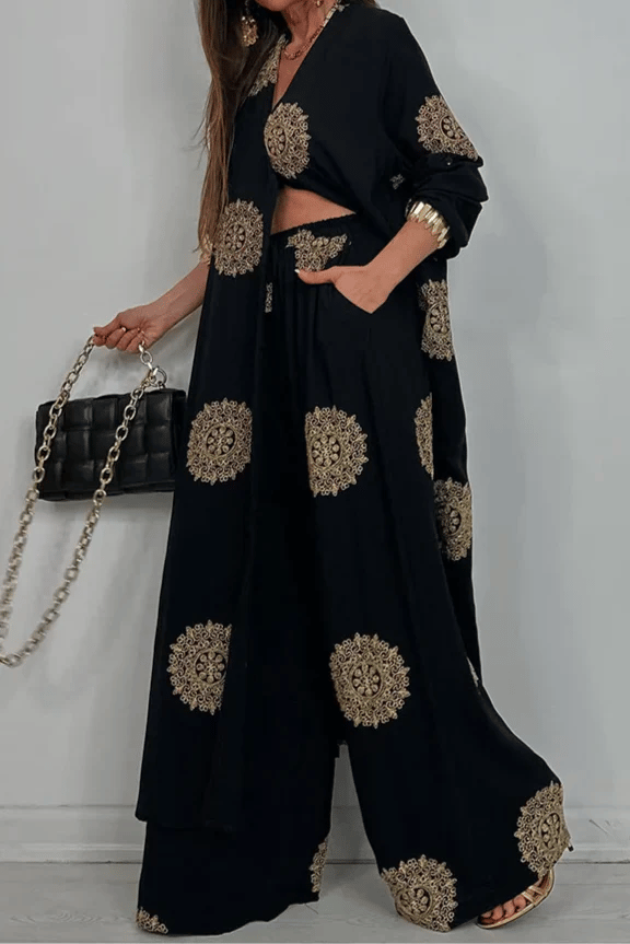 š„Hot saleš„- V-neck Long Coat & Printed Wide-leg Pants Two-piece Set | Almost Goneā”