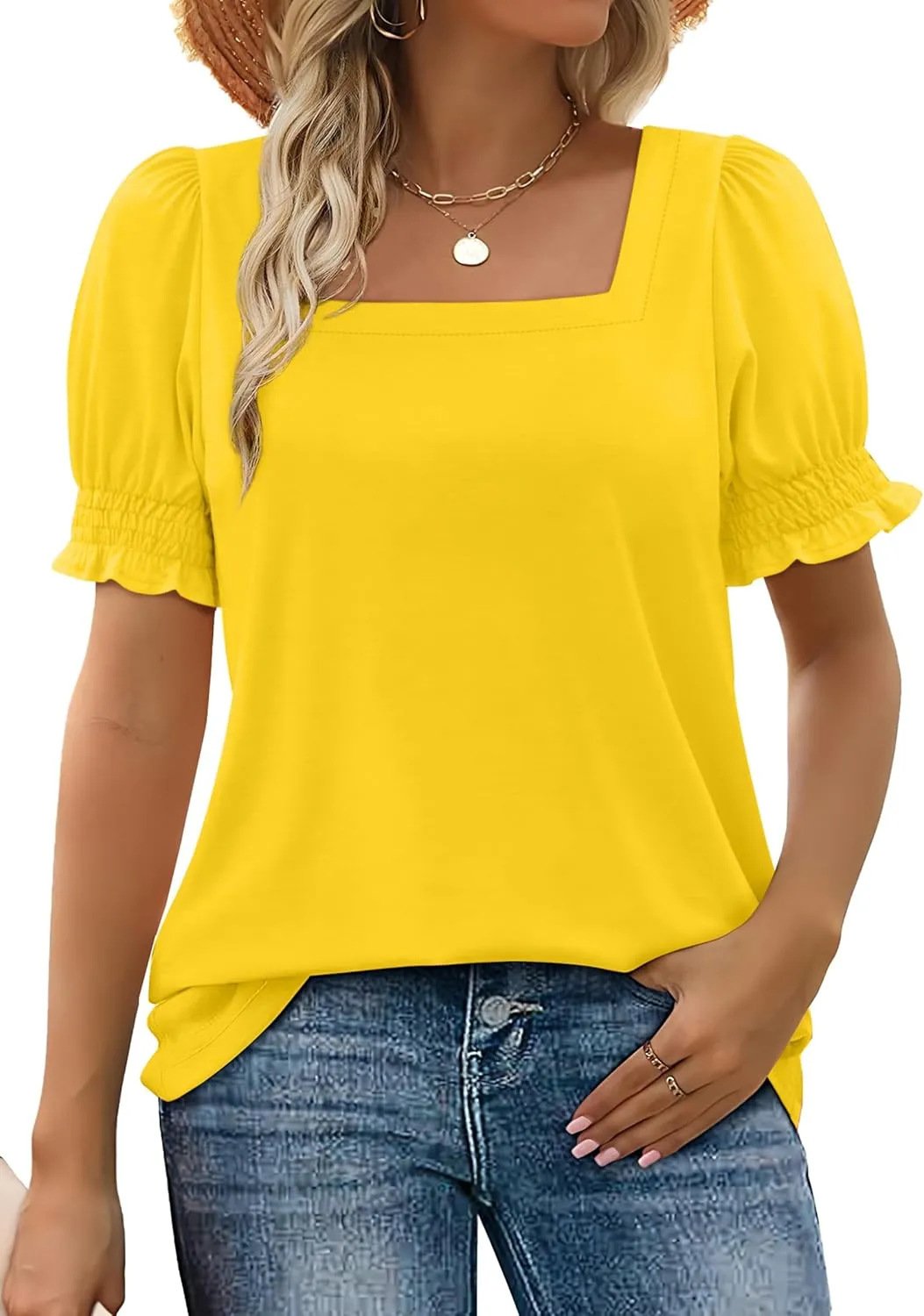 🔥Hot sale🔥- Women's Square Neck Smocked Sleeve T-Shirt Casual Top