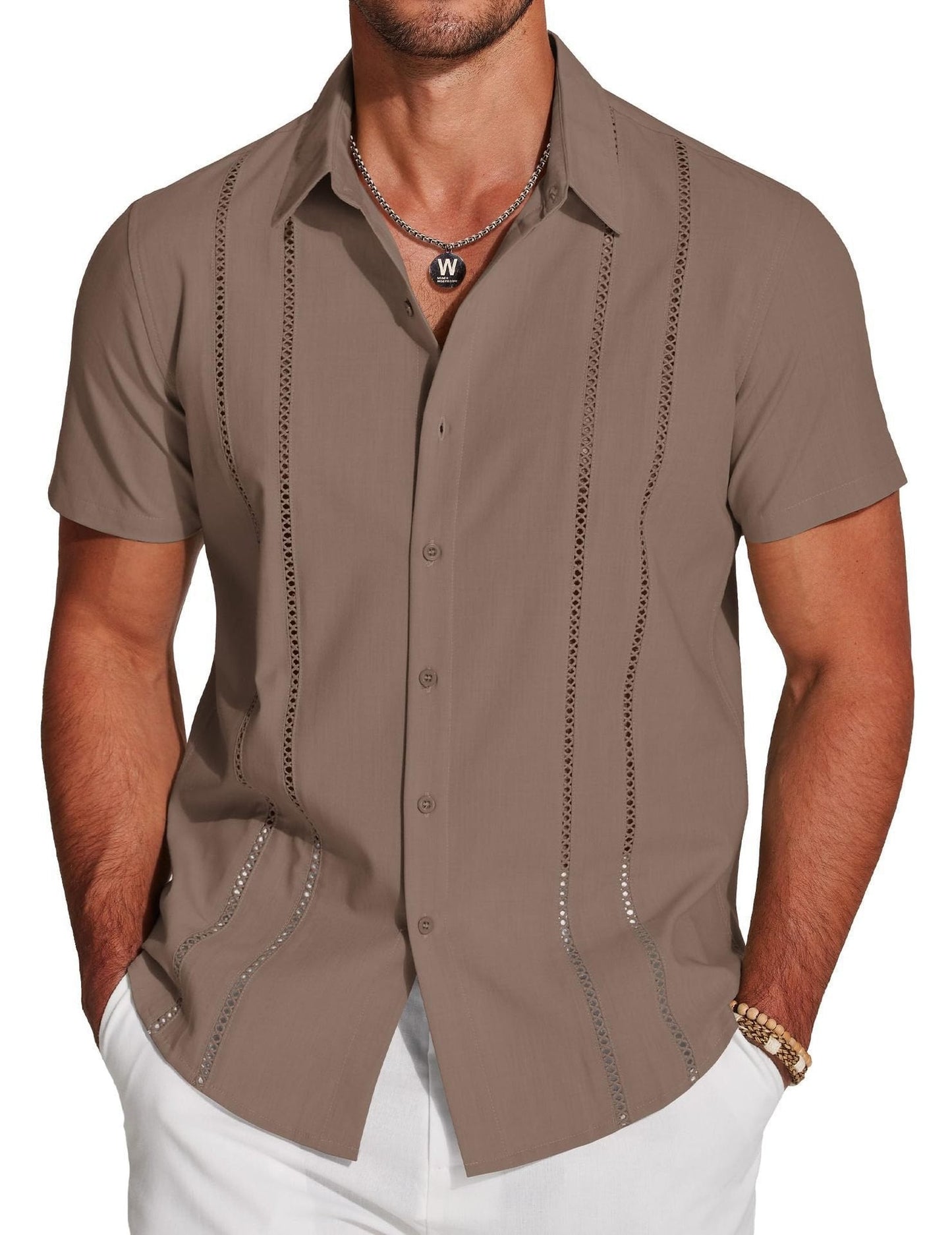 🔥Hot sale🔥- Men's Cuba Guayabera Exquisite Hollow Embroidered Button Front Shirt