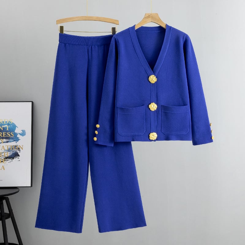 🔥Hot sale🔥- metal button wool sweater wide-leg pants suits