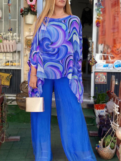 🔥Hot sale🔥- New Colorful Chiffon Set Casual Round Neck Print