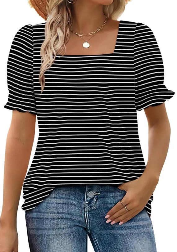 🔥Hot sale🔥- Women's Square Neck Smocked Sleeve T-Shirt Casual Top