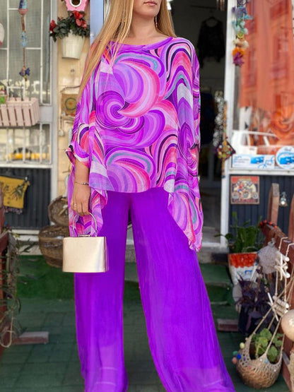 🔥Hot sale🔥- New Colorful Chiffon Set Casual Round Neck Print