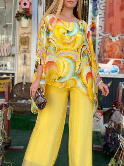 🔥Hot sale🔥- New Colorful Chiffon Set Casual Round Neck Print