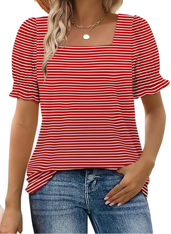 🔥Hot sale🔥- Women's Square Neck Smocked Sleeve T-Shirt Casual Top