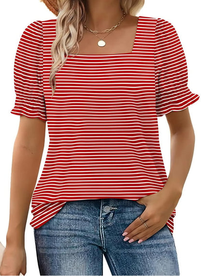 🔥Hot sale🔥- Women's Square Neck Smocked Sleeve T-Shirt Casual Top