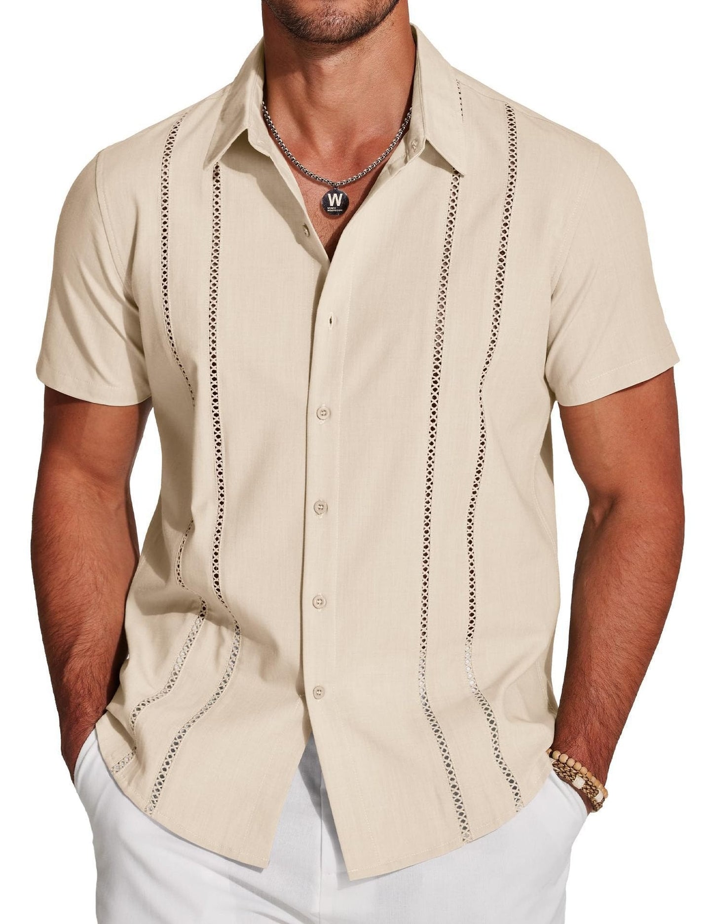 🔥Hot sale🔥- Men's Cuba Guayabera Exquisite Hollow Embroidered Button Front Shirt