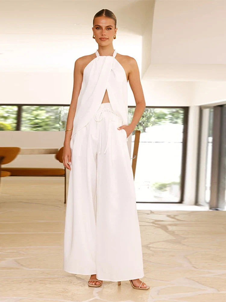 🔥Hot sale🔥- 50% off - Hanging neck slit top and wide-leg pants set