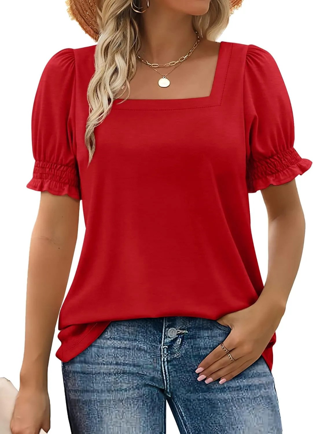 🔥Hot sale🔥- Women's Square Neck Smocked Sleeve T-Shirt Casual Top