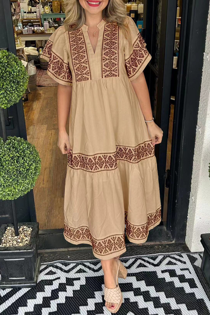 🔥Hot sale🔥- Geometric print patchwork V-neck A-line short-sleeved dress