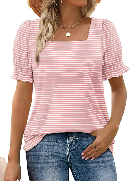 🔥Hot sale🔥- Women's Square Neck Smocked Sleeve T-Shirt Casual Top
