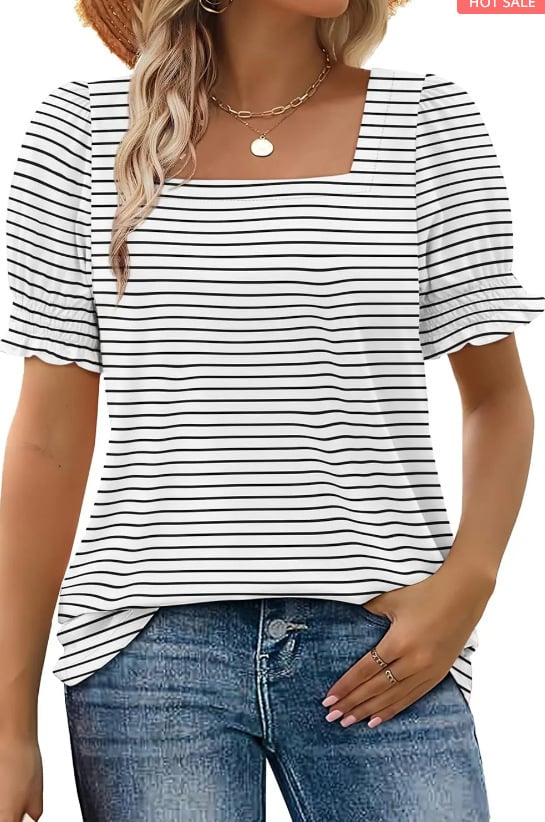 🔥Hot sale🔥- Women's Square Neck Smocked Sleeve T-Shirt Casual Top