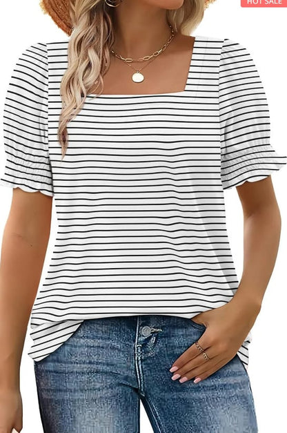 🔥Hot sale🔥- Women's Square Neck Smocked Sleeve T-Shirt Casual Top