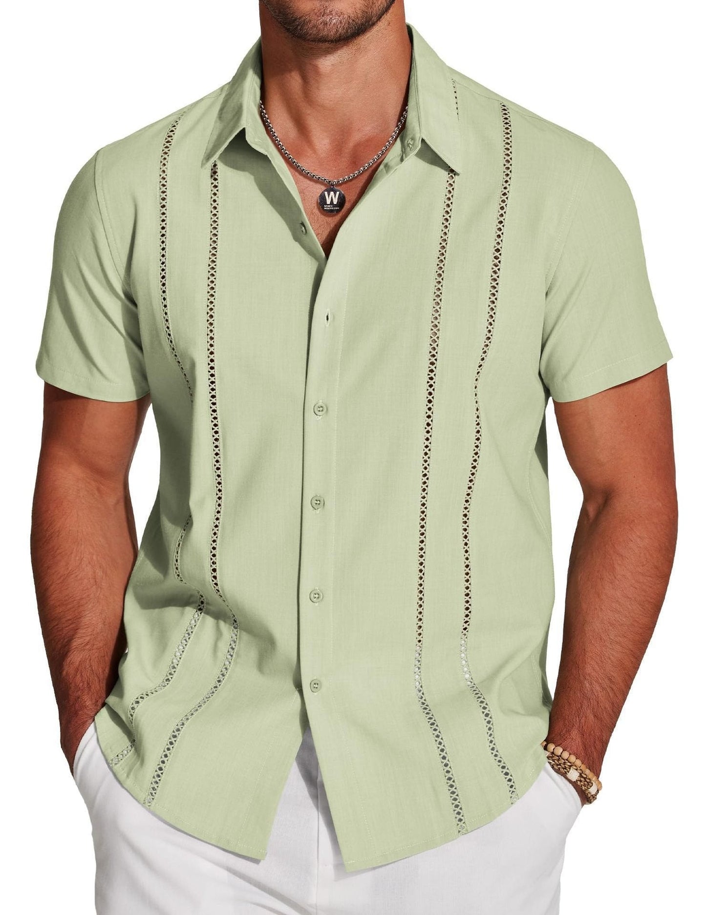 🔥Hot sale🔥- Men's Cuba Guayabera Exquisite Hollow Embroidered Button Front Shirt