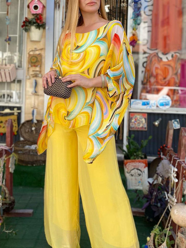 🔥Hot sale🔥- New Colorful Chiffon Set Casual Round Neck Print