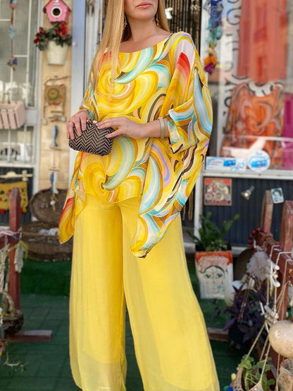 🔥Hot sale🔥- New Colorful Chiffon Set Casual Round Neck Print