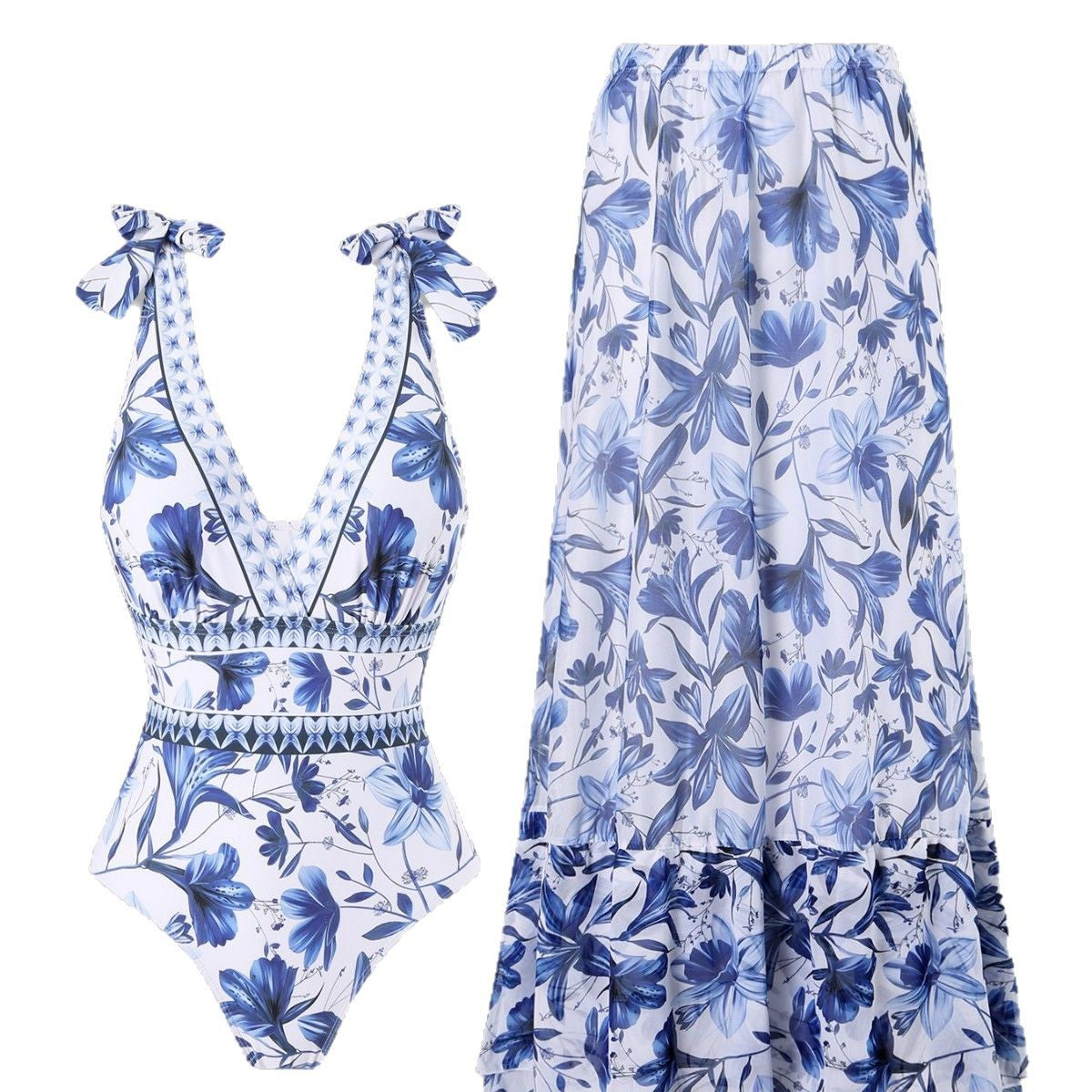 Needtoknit🔥Hot sale🔥 - blue and white porcelain swimsuit wrap skirt suits