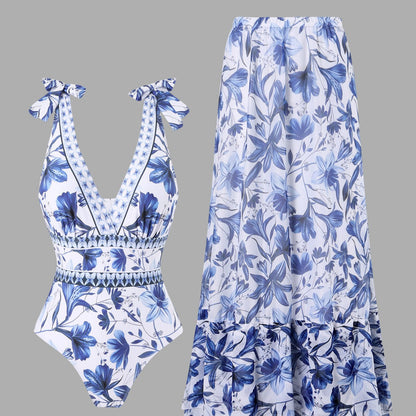 Needtoknit🔥Hot sale🔥 - blue and white porcelain swimsuit wrap skirt suits