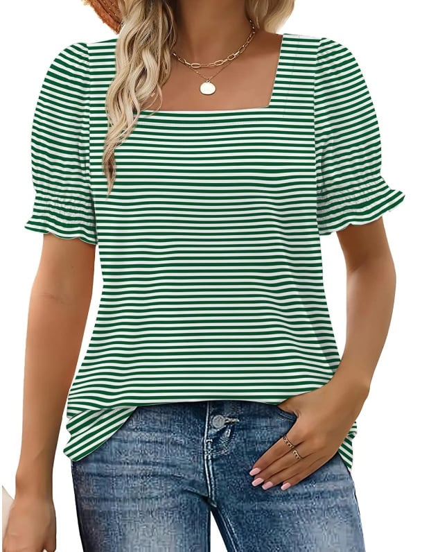 🔥Hot sale🔥- Women's Square Neck Smocked Sleeve T-Shirt Casual Top