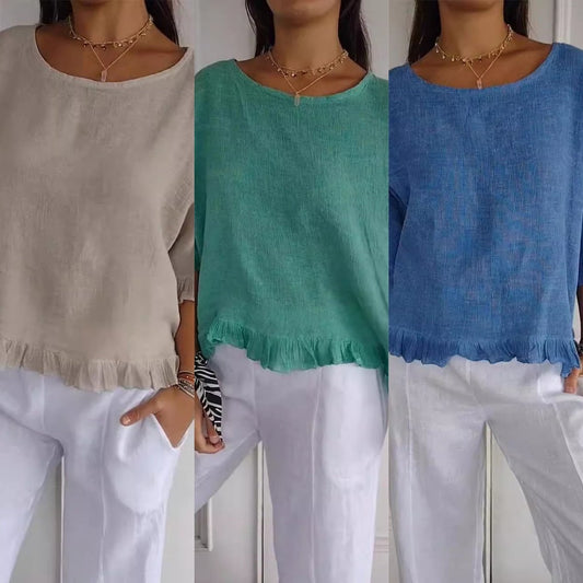 Needtoknit - Limited time offer🔥Round Neck Ruffled Hem Mid-sleeve Cotton and Linen Top